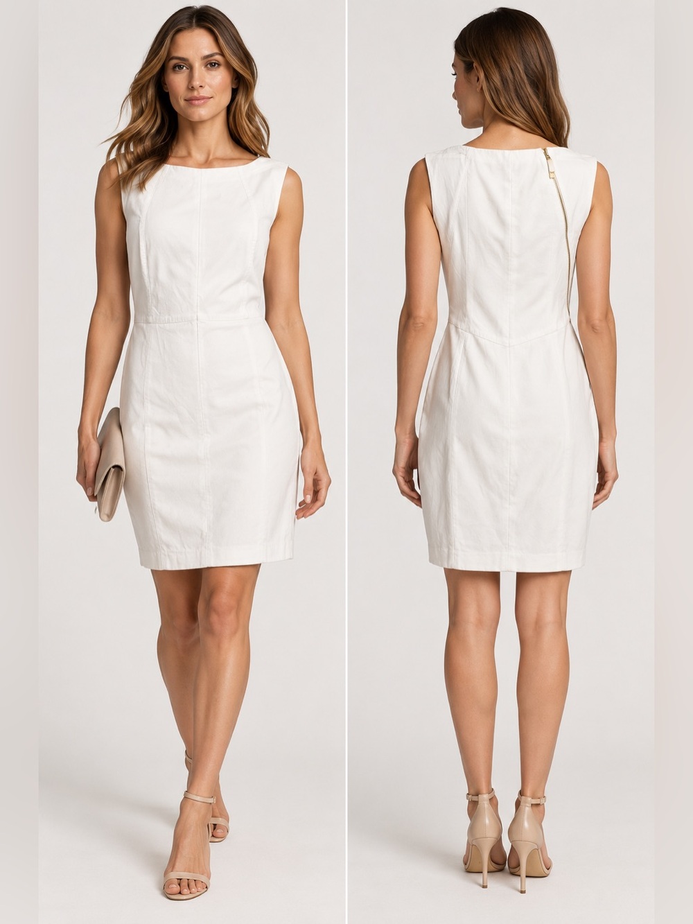 ESCADA Ivory White Sheath Dress Gold Wraparound Zipper Size 42